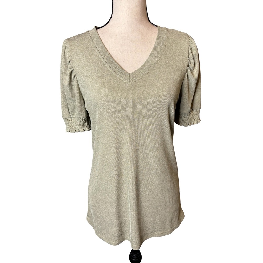 Hayden Los Angeles Sage Green Metallic Gold V-Neck Puff Sleeve Smocked Top Small